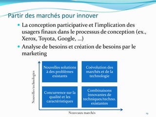 Partir des marchés pour innover
    La conception participative et l’implication des
     usagers finaux dans le processus de conception (ex.,
     Xerox, Toyota, Google, …)
    Analyse de besoins et création de besoins par le
     marketing

                                 Nouvelles solutions     Coévolution des
                                  à des problèmes        marchés et de la
        Nouvelles technologies




                                      existants            technologie


                                                          Combinaisons
                                 Concurrence sur la
                                                          innovantes de
                                   qualité et les
                                                       techniques/techno.
                                  caractéristiques
                                                            existantes

                                               Nouveaux marchés             19
 