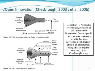L’Open Innovation (Chesbrough, 2003 ; et al. 2006)


                                      Définition : « Approche
                                      systémique, inclusive et
                                           collaborative de
                                   l’innovation faisant appel {
                                      des ressources externes
                                         (brevets, licences,
                                     développement, logiciel)
                                      et/ou à un groupement
                                        d’organisation (joint
                                            venture, …) » -
                                         Chesbrough, 2003.




                                                           22
 