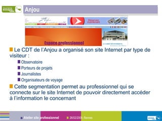 Anjou Le CDT de l’Anjou a organisé son site Internet par type de visiteur : Observatoire Porteurs de projets Journalistes Organisateurs de voyage Cette segmentation permet au professionnel qui se connecte sur le site Internet de pouvoir directement accéder à l’information le concernant 