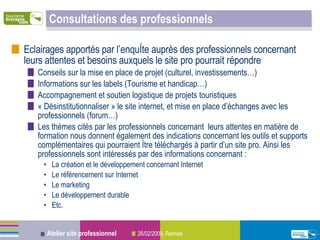 Consultations des professionnels Eclairages apportés par l’enquête auprès des professionnels concernant leurs attentes et besoins auxquels le site pro pourrait répondre Conseils sur la mise en place de projet (culturel, investissements…) Informations sur les labels (Tourisme et handicap…) Accompagnement et soutien logistique de projets touristiques « Désinstitutionnaliser » le site internet, et mise en place d’échanges avec les professionnels (forum…) Les thèmes cités par les professionnels concernant  leurs attentes en matière de formation nous donnent également des indications concernant les outils et supports complémentaires qui pourraient être téléchargés à partir d’un site pro. Ainsi les professionnels sont intéressés par des informations concernant : La création et le développement concernant Internet Le référencement sur Internet Le marketing Le développement durable Etc. 
