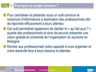 Pourquoi un projet commun ? Pour centraliser et présenter sous un outil commun le maximum d’informations à destination des professionnels afin de répondre efficacement à leurs attentes Cet outil permettrait également de clarifier le « qui fait quoi ? » auprès des professionnels et ainsi de pouvoir présenter une vision globale et cohérente de l’organisation du tourisme en Bretagne Montrer aux professionnels notre capacité à nous organiser et notre réactivité face à leurs besoins et attentes 