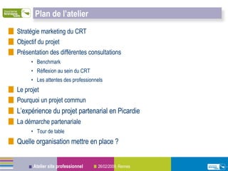 Stratégie marketing du CRT Objectif du projet Présentation des différentes consultations Benchmark Réflexion au sein du CRT Les attentes des professionnels Le projet Pourquoi un projet commun L’expérience du projet partenarial en Picardie La démarche partenariale Tour de table Quelle organisation mettre en place ? Plan de l’atelier 