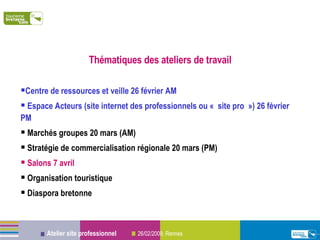 Thématiques des ateliers de travail Centre de ressources et veille 26 février AM Espace Acteurs (site internet des professionnels ou « site pro ») 26 février PM Marchés groupes 20 mars (AM) Stratégie de commercialisation régionale 20 mars (PM) Salons 7 avril Organisation touristique Diaspora bretonne 