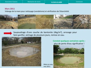 Association Espaces        Réalisation de mares            La mare en argile          Conclusion



Mars 2011
Vidange de la mare pour nettoyage (vandalisme) et vérification de l’étanchéité




            Saupoudrage d’une couche de bentonite (4kg/m²), arrosage pour
            faire gonfler, séchage de plusieurs jours, remise en eau.

                                                             Constat quelques semaines après :
                                                              plus de perte d’eau significative !




                                                  Mare en eau,
                                                  mai 2011.
 