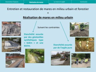 Association Espaces        Réalisation de mares       La mare en argile      Conclusion



  Entretien et restauration de mares en milieu urbain et forestier
                                 +
               Réalisation de mares en milieu urbain


                                      Suivant les contraintes

                      Etanchéité assurée
                      par des géotextiles
                      synthétiques type
                      « bidim » et une
                      bâche.                          Etanchéité assurée
                                                      par de l’argile pure
 