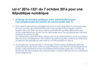 Loi n° 2016-1321 du 7 octobre 2016 pour une
République numérique
2
Echange de données publiques entre administrations pour...