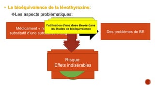 • La bioéquivalence de la lévothyroxine:
Médicament « non standard »
substitutif d’une substance endogène Des problèmes de BE
Étape
bio analytique
Étape
Pharmacocinétique
Interférence de la quantité
endogène
Dosage
du principe actif
Les aspects problématiques:
Calcul des paramètres
pharmacocinétiques
Correction ?
Plutôt la correction
pertinente
le problème de référence
Comparaison
test/référence
Chaque étape
FDA :Orange book
Europe
-Comparaison avec une formulation
proche du celle du phase III
-Lot représentatif
Index thérapeutique étroit
Étape
Pharmacocinétique
Calcul des paramètres
pharmacocinétiques
Étape
statistique
Marge d’acceptation
pour IC à 90%
Eviter le surdosage et
le sous dosage
Rétrécir les fourchettes
d’acceptation à 90-111%
la stabilité dans toute la
durée de vie de +/- 5%
l’utilisation du TSH comme
indicateur de la bioéquivalence
Étape
Bio analytique
Dosage d’analytes
TSH
Marqueur de BE ?
Sensible mais très
variable
Plutôt un marqueur de
l’activité biologique
l’utilisation d’une dose élevée dans
les études de bioéquivalence
Étape
Clinique
Administration
Test/Référence
Bénéfice-Risque
Bénéfice:
-Stratégie de correction
-Maximiser la BD
Risque:
Effets indisérables
 