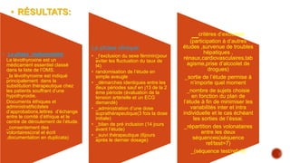 • RÉSULTATS:
• La phase réglementaire
La lévothyroxine est un
médicament essentiel classé
dans la liste de l’OMS.
_la lévothyroxine est indiqué
principalement dans la
substitution thérapeutique chez
les patients souffrant d’une
hypothyroidie.
Documents éthiques et
administratifs(dates
d’approbations,lettres d’échange
entre le comité d’éthique et le
centre de déroulement de l’étude.
_consentement des
volontaires(oral et écrit
,documentation en duplicata)
La phase clinique
• _l’exclusion du sexe féminin(pour
eviter les fluctuation du taux de
t4)
• randomisation de l’étude en
simple aveugle
• _démarches identiques entre les
deux périodes sauf en j13 de la 2
ème période (évaluation de la
tension artérielle et un ECG
demandé)
• _administration d’une dose
suprathérapeutique(3 fois la dose
initiale)
• _bilan de pré inclusion (14 jours
avant l’étude)
• _suivi thérapeutique (6jours
après le dernier dosage)
_critères d’exclusion
(participation à d’autres
études ,survenue de troubles
hépatiques ,
rénaux,cardiovasculaires,tab
agisme,prise d’alcoolet de
drogues)
_sortie de l’étude permise à
n’importe quel moment
_nombre de sujets choisie
en fonction du plan de
l’étude à fin de minimiser les
variabilités inter et intra
individuelle et le cas échéant
les sorties de l’éssai.
_répartition des volonataires
entre les deux
séquences(séquence
ref/test=7)
_(séquence test/ref=9)
 