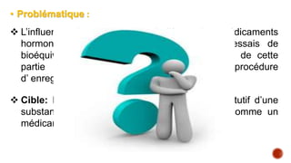 • Problématique :
 L’influence des aspects particulières des médicaments
hormonaux substitutifs sur le concept des essais de
bioéquivalence et leurs impact sur l’évaluation de cette
partie (la bioéquivalence) lors de la procédure
d’ enregistrement
 Cible: Lévothyroxine, étant un traitement substitutif d’une
substance endogène (hormone) et considéré comme un
médicament à marge thérapeutique étroite.
 
