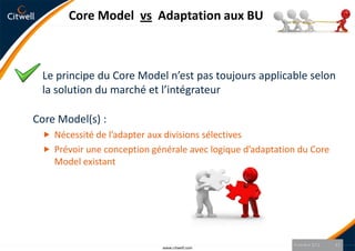 Core Model vs Adaptation aux BU



 Le principe du Core Model n’est pas toujours applicable selon
 la solution du marché et l’intégrateur

Core Model(s) :
  Nécessité de l’adapter aux divisions sélectives
  Prévoir une conception générale avec logique d’adaptation du Core
    Model existant




                                                           9 octobre 2012   11
                              www.citwell.com
 
