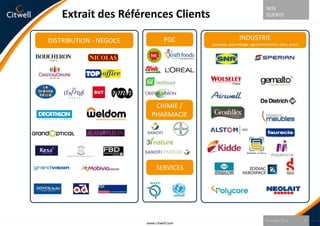 NOS
    Extrait des Références Clients                                       CLIENTS



DISTRIBUTION - NEGOCE            PGC                     INDUSTRIE
                                          (process, assemblage, agroalimentaire, aéro, auto)




                           CHIMIE /
                          PHARMACIE




                             SERVICES




                                                                        9 octobre 2012         5
                        www.citwell.com
 