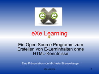 eXe Learning Ein Open Source Programm zum Erstellen von E-Lerninhalten ohne HTML-Kenntnisse Eine Präsentation von Michaela Streuselberger 