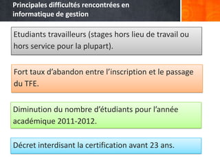 Principales difficultés rencontrées en
informatique de gestion

Etudiants travailleurs (stages hors lieu de travail ou
hors service pour la plupart).


Fort taux d’abandon entre l’inscription et le passage
du TFE.


Diminution du nombre d’étudiants pour l’année
académique 2011-2012.

Décret interdisant la certification avant 23 ans.
 