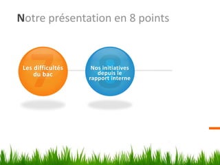 Notre présentation en 8 points


 Les difficultés    Nos initiatives
     du bac           depuis le
                   rapport interne
 