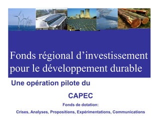 Fonds régional d’investissement pour le développement durable Une opération pilote du CAPEC Fonds de dotation: Crises, Analyses, Propositions, Expérimentations, Communications 