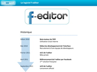 Le logiciel f-editorHistoriqueDébut 2010 	Beta-testeur de l’APIUtilisation à but interneMai 2010 		Début du développement de l’interfaceRecrutement d’une équipe de développeursFévrier 2011 	v0.5 de f-editorBêta privéeAvril 2011		Référencement de f-editor par Facebook		1ère solution française Septembre 2011 	v0.9 de f-editor		Lancement officiel