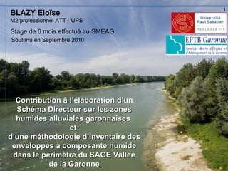 BLAZY Eloïse Stage de 6 mois effectué au SMEAG Contribution à l’élaboration d’un Schéma Directeur sur les zones humides alluviales garonnaises  et  d’une méthodologie d’inventaire des enveloppes à composante humide dans le périmètre du SAGE Vallée de la Garonne Soutenu en Septembre 2010 M2 professionnel ATT - UPS 