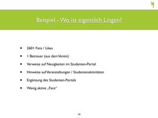 Beispiel - Wo ist eigentlich Lingen?



•   260+ Fans / Likes

•   1 Betreuer (aus dem Verein)

•   Verweise auf Neuigkeiten im Studenten-Portal

•   Hinweise auf Veranstaltungen / Studentenaktivitäten

•   Ergänzung des Studenten-Portals

•   Wenig aktive „Fans“




                                      14
 