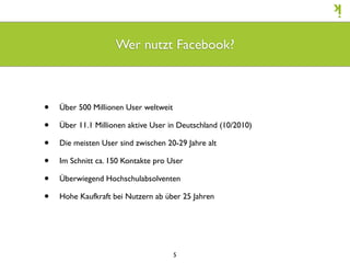 Wer nutzt Facebook?



•   Über 500 Millionen User weltweit

•   Über 11.1 Millionen aktive User in Deutschland (10/2010)

•   Die meisten User sind zwischen 20-29 Jahre alt

•   Im Schnitt ca. 150 Kontakte pro User

•   Überwiegend Hochschulabsolventen

•   Hohe Kaufkraft bei Nutzern ab über 25 Jahren




                                       5
 