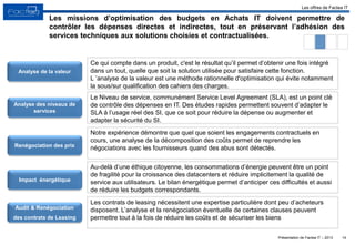 Présentation de Factea IT – 2013
Analyse de la valeur
Analyse des niveaux de
services
Renégociation des prix
Impact énergétique
Audit & Renégociation
des contrats de Leasing
Les contrats de leasing nécessitent une expertise particulière dont peu d’acheteurs
disposent. L’analyse et la renégociation éventuelle de certaines clauses peuvent
permettre tout à la fois de réduire les coûts et de sécuriser les biens
14
Au-delà d’une éthique citoyenne, les consommations d’énergie peuvent être un point
de fragilité pour la croissance des datacenters et réduire implicitement la qualité de
service aux utilisateurs. Le bilan énergétique permet d’anticiper ces difficultés et aussi
de réduire les budgets correspondants.
Notre expérience démontre que quel que soient les engagements contractuels en
cours, une analyse de la décomposition des coûts permet de reprendre les
négociations avec les fournisseurs quand des abus sont détectés.
Le Niveau de service, communément Service Level Agreement (SLA), est un point clé
de contrôle des dépenses en IT. Des études rapides permettent souvent d’adapter le
SLA à l’usage réel des SI, que ce soit pour réduire la dépense ou augmenter et
adapter la sécurité du SI.
Ce qui compte dans un produit, c'est le résultat qu’il permet d’obtenir une fois intégré
dans un tout, quelle que soit la solution utilisée pour satisfaire cette fonction.
L ’analyse de la valeur est une méthode rationnelle d'optimisation qui évite notamment
la sous/sur qualification des cahiers des charges.
Les missions d’optimisation des budgets en Achats IT doivent permettre de
contrôler les dépenses directes et indirectes, tout en préservant l’adhésion des
services techniques aux solutions choisies et contractualisées.
Les offres de Factea IT
 