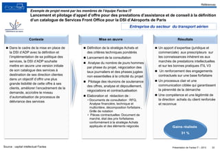 Présentation de Factea IT – 2013 33
Mise en œuvreContexte Résultats
 Un apport d’expertise (juridique et
commerciale) aux prescripteurs sur
les connaissances inhérent es aux
marchés de prestations intellectuelles
et sur les bonnes pratiques ITIL V3
 Un renforcement des engagements
contractuels sur une base forfaitaire
 Un processus clair et une
communication ciblée qui garantissent
la pérennité de la démarche
 Une compétence et une légitimité de
la direction achats du client renforcée
et reconnue
 Dans le cadre de la mise en place de
la DSI d’ADP avec la définition et
l’implémentation de sa politique des
services, la DSI d’ADP souhaite
mettre en œuvre une version initiale
de son catalogue des services à
destination de ses direction clientes
dans un objectif d’offrir une plus
grande lisibilité de cette offre à ses
clients, améliorer l’encadrement de la
demande, accroitre le niveau
d’automatisation de processus de
délivrance des services
 Définition de la stratégie Achats et
des critères techniques pondérés
 Lancement de la consultation
 Analyse du nombre de jours hommes
par phase du projet, négociation des
taux journaliers et des phases jugées
non essentielles à la criticité du projet
 Pilotage des réunions de soutenance
des offres, analyse et dépouillement,
négociations et contractualisation
 Elaboration et rédaction de :
• Documents de consultation : RFQ,
Analyse financière, technique et
multicritère, décomposition forfaitaire ,
Grille de notation
• Pièces contractuelles: Document de
marché, état des prix forfaitaires
conformément à la stratégie Achats
appliqués et des éléments négociés
Exemple de projet mené par les membres de l’équipe Factea IT
Lancement et pilotage d’appel d’offre pour des prestations d’assistance et de conseil à la définition
d’un catalogue de Services Front Office pour la DSI d’Aéroports de Paris
Références
Source : capital intellectuel Factea
Entreprise du secteur du transport aérien
 