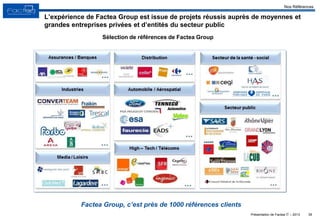 Présentation de Factea IT – 2013 39
L’expérience de Factea Group est issue de projets réussis auprès de moyennes et
grandes entreprises privées et d’entités du secteur public
Factea Group, c’est près de 1000 références clients
Sélection de références de Factea Group
Nos Références
 