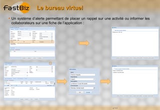 Le bureau virtuel
 Un système d’alerte permettant de placer un rappel sur une activité ou informer les
  collaborateurs sur une fiche de l’application :




                                                              n°11
 