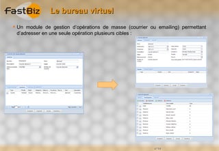 Le bureau virtuel
 Un module de gestion d’opérations de masse (courrier ou emailing) permettant
  d’adresser en une seule opération plusieurs cibles :




                                                         n°14
 