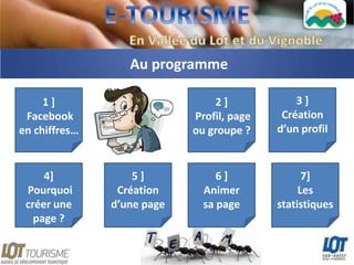 Au programme

     1]                         2]             3]
 Facebook                   Profil, page    Création
en chiffres…                ou groupe ?    d’un profil



     4]            5]            6]              7]
 Pourquoi       Création      Animer            Les
 créer une     d’une page     sa page      statistiques
   page ?
 