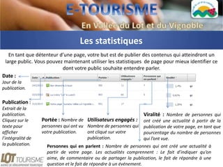 Les statistiques
   En tant que détenteur d’une page, votre but est de publier des contenus qui atteindront un
 large public. Vous pouvez maintenant utiliser les statistiques de page pour mieux identifier ce
                          dont votre public souhaite entendre parler.
Date :
Jour de la
publication.

Publication :
Extrait de la
publication.                                                      Viralité : Nombre de personnes qui
Cliquez sur le     Portée : Nombre de Utilisateurs engagés :      ont créé une actualité à partir de la
texte pour         personnes qui ont vu Nombre de personnes qui   publication de votre page, en tant que
afficher           votre publication.   ont cliqué sur votre      pourcentage du nombre de personnes
l’intégralité de                        publication.              qui l’ont vue.
la publication.      Personnes qui en parlent : Nombre de personnes qui ont créé une actualité à
                     partir de votre page. Les actualités comprennent : Le fait d’indiquer qu’on
                     aime, de commentaire ou de partager la publication, le fait de répondre à une
                     question et le fait de répondre à un événement.
 