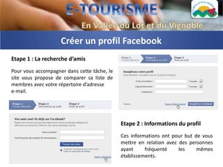 Créer un profil Facebook
Etape 1 : La recherche d’amis
Pour vous accompagner dans cette tâche, le
site vous propose de comparer sa liste de
membres avec votre répertoire d’adresse
e-mail.




                                             Etape 2 : Informations du profil
                                             Ces informations ont pour but de vous
                                             mettre en relation avec des personnes
                                             ayant     fréquenté     les    mêmes
                                             établissements.
 