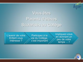 Vous êtes
Parents d’élèves
Scolarisés au Collège
L’avenir de votre
Enfant vous
intéresse ?
Participez à la
vie du Collège,
c’est important
Impliquez-vous
en donnant un
peu de votre
temps … !
 