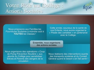 Votre Rôle au Collège :
Actions Sociales
Nous proposons aux Familles les
Fournitures Scolaires à moindre coût à
TOUTES les Classes !
Cette année, soucieux de la santé de
nos Enfants, nous avons organisé la
« Pesée des cartables » en partenariat
avec le Collège.
Nous organisons des opérations « Coup
de Poing Prévention Routière » aux
abords du Collège pour sensibiliser
Elèves et Parents des dangers de la
circulation …
Nous réalisons des interventions auprès
des transports scolaires et du Conseil
Général quand le besoin s’en fait sentir !
Ensemble, nous organisons
des actions sociales
 