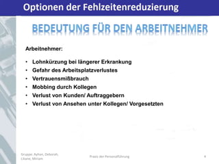 Optionen der Fehlzeitenreduzierung
Gruppe: Ayhan, Deborah,
Liliane, Miriam
Praxis der Personalführung 4
Arbeitnehmer:
• Lohnkürzung bei längerer Erkrankung
• Gefahr des Arbeitsplatzverlustes
• Vertrauensmißbrauch
• Mobbing durch Kollegen
• Verlust von Kunden/ Auftraggebern
• Verlust von Ansehen unter Kollegen/ Vorgesetzten
 