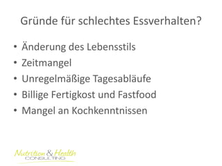 Gründe für schlechtes Essverhalten? 
•Änderung des Lebensstils 
•Zeitmangel 
•Unregelmäßige Tagesabläufe 
•Billige Fertigkost und Fastfood 
•Mangel an Kochkenntnissen  
