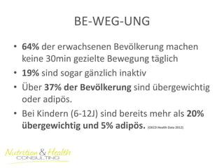 BE-WEG-UNG 
•64% der erwachsenen Bevölkerung machen keine 30min gezielte Bewegung täglich 
•19% sind sogar gänzlich inaktiv 
•Über 37% der Bevölkerung sind übergewichtig oder adipös. 
•Bei Kindern (6-12J) sind bereits mehr als 20% übergewichtig und 5% adipös. (OECD Health Data 2012)  