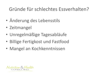 Gründe für schlechtes Essverhalten? 
• Änderung des Lebensstils 
• Zeitmangel 
• Unregelmäßige Tagesabläufe 
• Billige Fertigkost und Fastfood 
• Mangel an Kochkenntnissen 
 