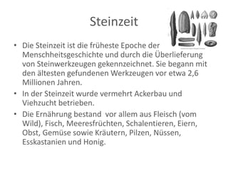 Steinzeit 
• Die Steinzeit ist die früheste Epoche der 
Menschheitsgeschichte und durch die Überlieferung 
von Steinwerkzeugen gekennzeichnet. Sie begann mit 
den ältesten gefundenen Werkzeugen vor etwa 2,6 
Millionen Jahren. 
• In der Steinzeit wurde vermehrt Ackerbau und 
Viehzucht betrieben. 
• Die Ernährung bestand vor allem aus Fleisch (vom 
Wild), Fisch, Meeresfrüchten, Schalentieren, Eiern, 
Obst, Gemüse sowie Kräutern, Pilzen, Nüssen, 
Esskastanien und Honig. 
 