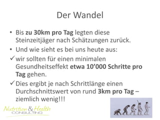 Der Wandel 
• Bis zu 30km pro Tag legten diese 
Steinzeitjäger nach Schätzungen zurück. 
• Und wie sieht es bei uns heute aus: 
wir sollten für einen minimalen 
Gesundheitseffekt etwa 10’000 Schritte pro 
Tag gehen. 
Dies ergibt je nach Schrittlänge einen 
Durchschnittswert von rund 3km pro Tag – 
ziemlich wenig!!! 
 