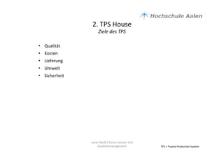 2.	
  TPS	
  House	
  	
  
Ziele	
  des	
  TPS	
  
TPS	
  =	
  Toyota	
  Produc9on	
  System	
  
•  Qualität	
  	
  
•  Kosten	
  	
  
•  Lieferung	
  	
  
•  Umwelt	
  	
  
•  Sicherheit	
  	
  
	
  
Julian	
  Weiß	
  /	
  Simon	
  Genter	
  VU6	
  
Qualitätsmanagement	
  
 