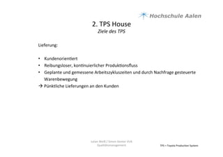 2.	
  TPS	
  House	
  	
  
Ziele	
  des	
  TPS	
  
TPS	
  =	
  Toyota	
  Produc9on	
  System	
  
Lieferung:	
  
	
  
•  Kundenorien9ert	
  
•  Reibungsloser,	
  kon9nuierlicher	
  Produk9onsﬂuss	
  
•  Geplante	
  und	
  gemessene	
  Arbeitszykluszeiten	
  und	
  durch	
  Nachfrage	
  gesteuerte	
  
Warenbewegung	
  
à	
  Pünktliche	
  Lieferungen	
  an	
  den	
  Kunden	
  	
  	
  
	
  
Julian	
  Weiß	
  /	
  Simon	
  Genter	
  VU6	
  
Qualitätsmanagement	
  
 