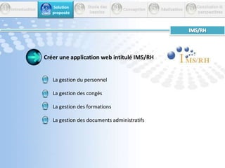 345 Introduction26        Solution         proposéeEtude des          besoins         Conception         Réalisation       Conclusion &perspectives1Etude théorique L’intranet: Réseau interne accessible ou non à distance permettant l’accès à des informations et des applications de gestion via une interface Web.L’interactivité Partage des ressources matérielles et logiciellesUne souplesse d’utilisationUne interface unique pour tous les services (Le navigateur)