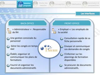 345 Introduction26        Solution         proposéeEtude des          besoins         Conception         Réalisation       Conclusion &perspectives1ProblématiqueRéaliser une application web de E-GRHVia un réseau IntranetUn des produits proposés par la sociétéCritères de qualité logicielle : Ergonomie,  portabilité, compatibilité, intégrité,  et maintenance  