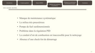 23 
Introduction Contexte général Etude AMDEC 
Méthode de résolution 
de problèmes 
Politique de maintenance 
& Estimation du gain 
Conclusion 
Les causes racines 
• Manque de maintenance systématique 
• Le milieu très poussiéreux 
• Pompe de fuel surdimensionnée 
• Problème dans la régulation PID 
• Le conduit d’air de combustion est inaccessible pour le nettoyage 
• Absence d’une check-list de démarrage 
 