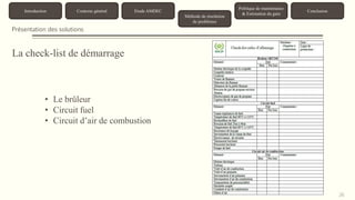 26 
Introduction Contexte général Etude AMDEC 
Méthode de résolution 
de problèmes 
Politique de maintenance 
& Estimation du gain 
Conclusion 
Présentation des solutions 
La check-list de démarrage 
• Le brûleur 
• Circuit fuel 
• Circuit d’air de combustion 
 