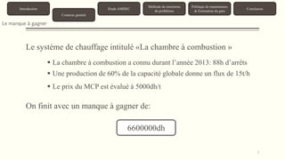 7 
Introduction 
Contexte général 
Etude AMDEC 
Méthode de résolution 
de problèmes 
Politique de maintenance 
& Estimation du gain 
Conclusion 
Le manque à gagner 
Le système de chauffage intitulé «La chambre à combustion » 
 La chambre à combustion a connu durant l’année 2013: 88h d’arrêts 
 Une production de 60% de la capacité globale donne un flux de 15t/h 
 Le prix du MCP est évalué à 5000dh/t 
On finit avec un manque à gagner de: 
6600000dh 
 