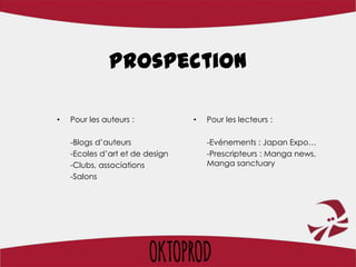 Prospection

•   Pour les auteurs :           •   Pour les lecteurs :

    -Blogs d’auteurs                 -Evénements : Japan Expo…
    -Ecoles d’art et de design       -Prescripteurs : Manga news,
    -Clubs, associations             Manga sanctuary
    -Salons
 