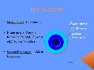 THE TARGETS Main target : Executives Heart target: People between 25 and 35 years old (bobos/kidults) Secondary target : Oldest teenagers Oldest  teenagers 25-35 years Executives 
