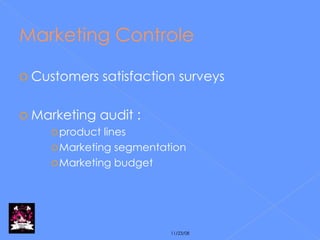 Marketing Controle Customers satisfaction surveys Marketing audit :  product lines Marketing segmentation Marketing budget 