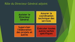 Rôle du Directeur Général adjoint
Assister le
Directeur
Général
Assurer la
coordination
technique des
services
Superviser
l'élaboration
des projets et
autres
Exécuter toutes
autres taches
spécifiques
 